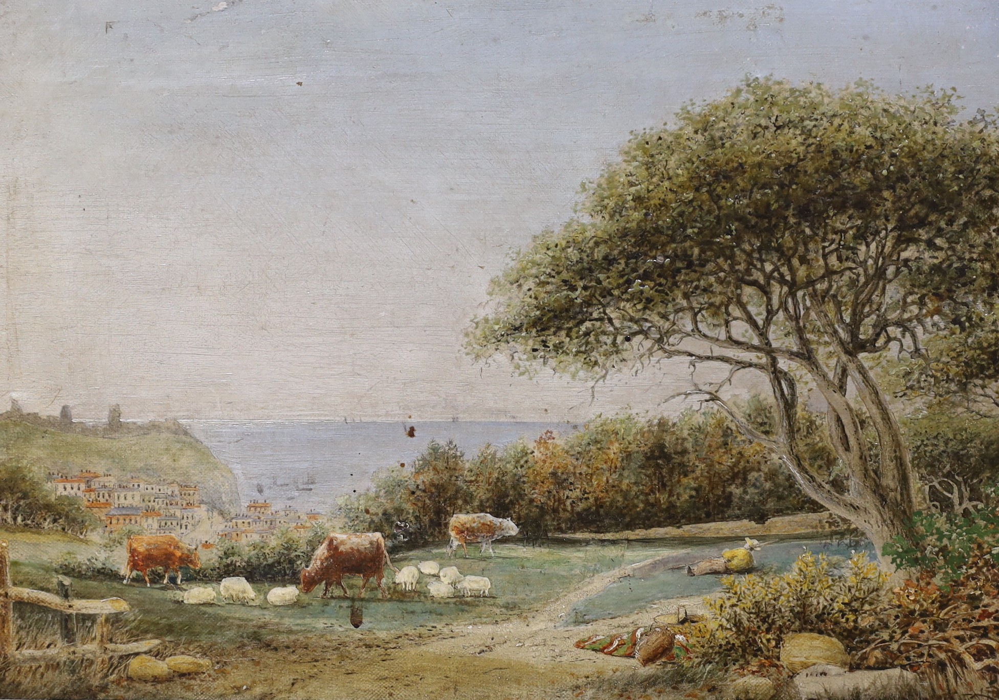 19th century English School, oil on canvas, Cattle drover in a landscape overlooking Dover, indistinctly signed, 24 x 34cm